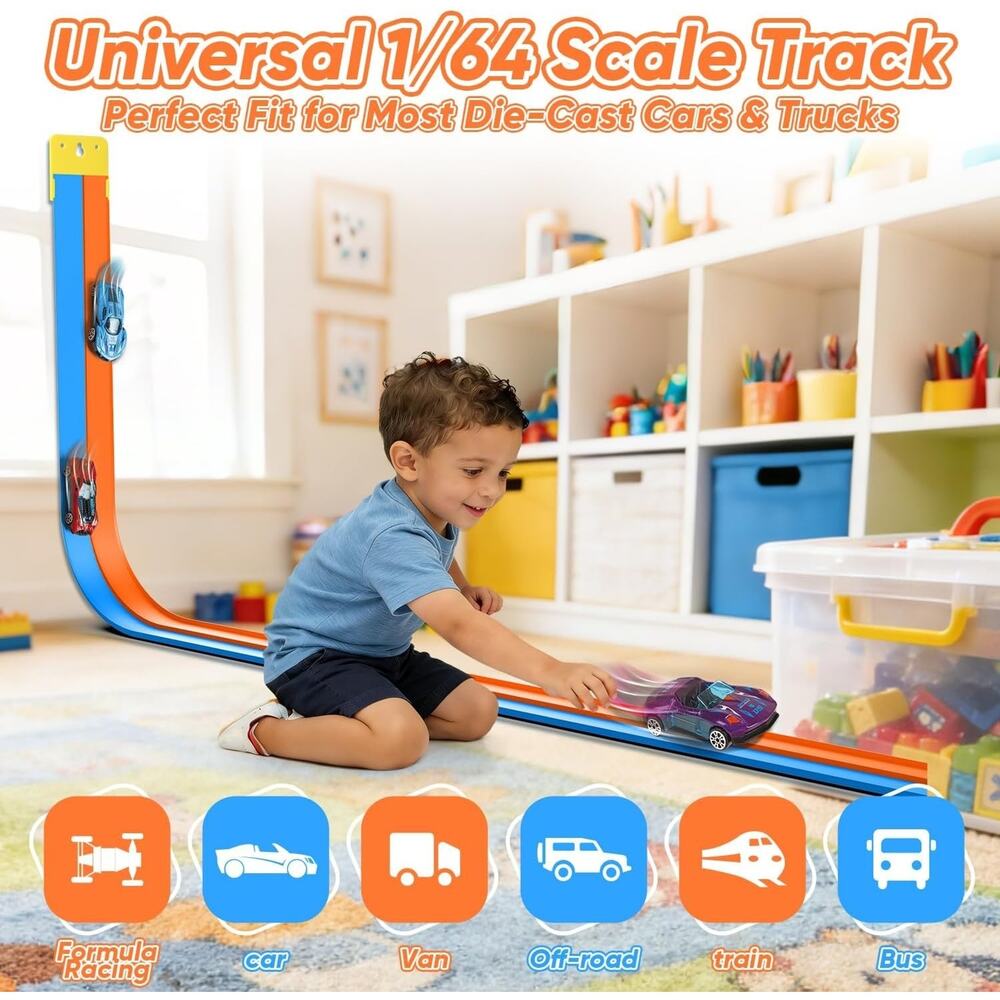 Flexible Race Car Track, 15Ft Starter Set for 1/64th Diecast Cars, Suction Cups - Picture 3 of 6